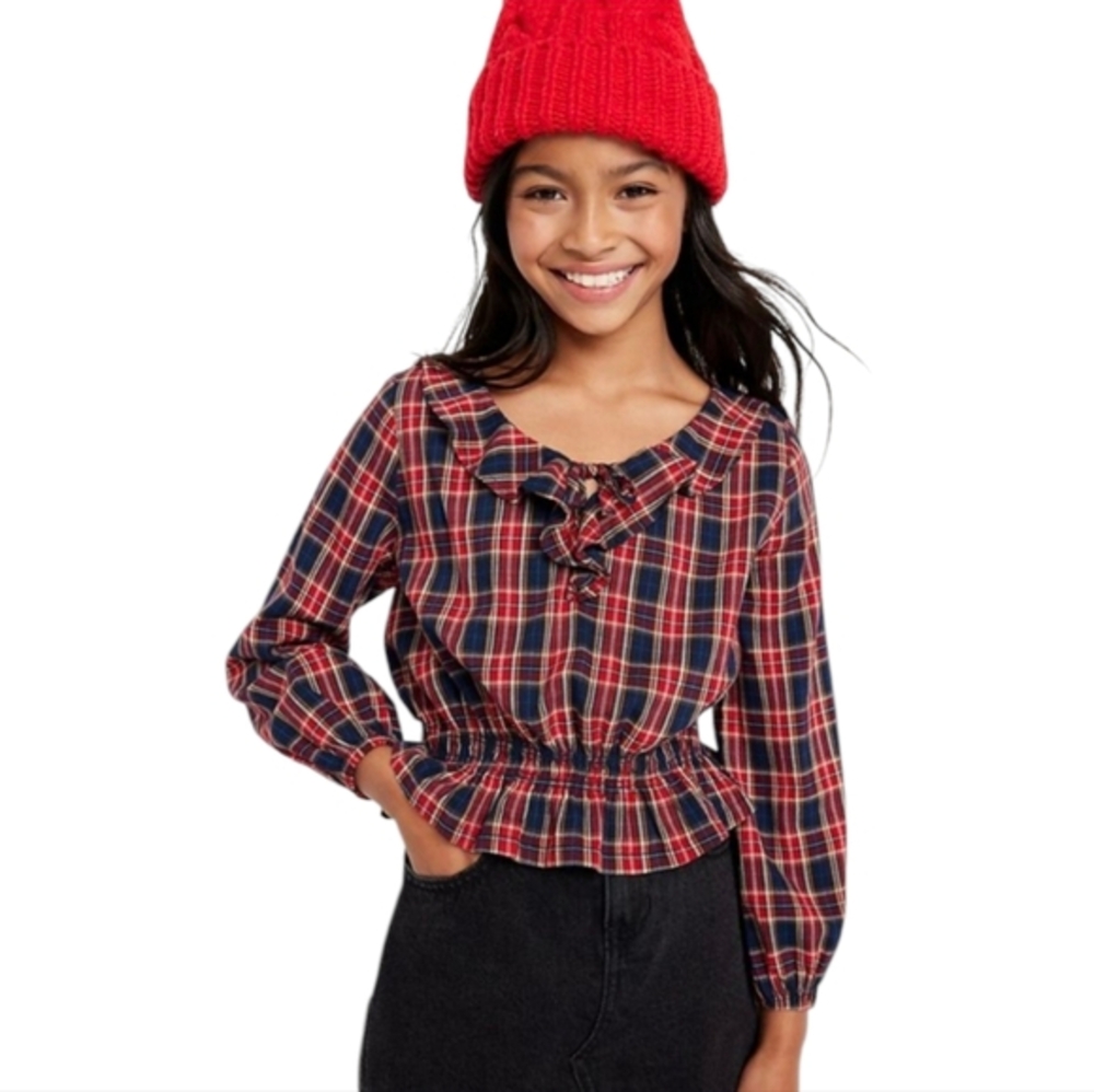 Old Navy Girls Plaid Ruffle Trim‎ Long Sleeve Shirt Red & Blue NWT Size 8 Medium